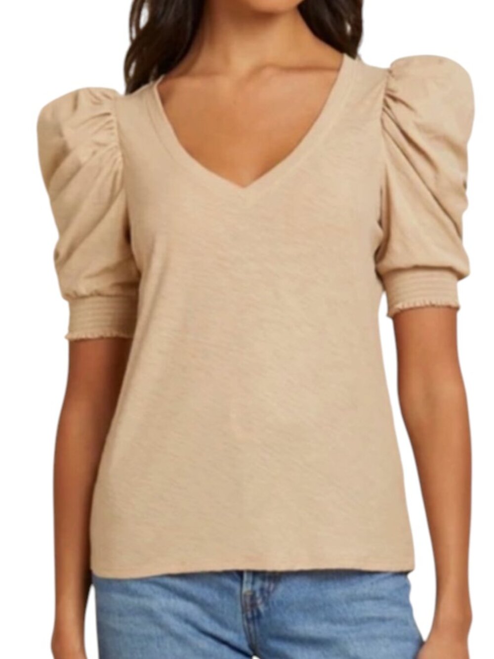 Nation Celine Top Blouse Shirt Smocked Puff Sleeve Ruched Tan M NWOT